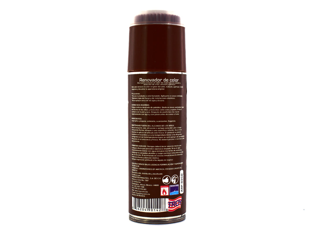 Envase de spray Renovador de Color Troy para ante, nubuck y gamuza en color café oscuro.