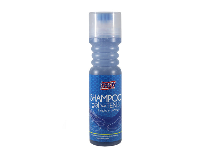 Botella azul de Shampoo para Tenis Troy en Gel con tapa blanca.