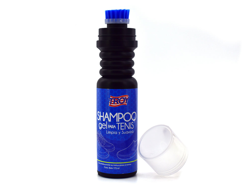 Botella azul de Shampoo para Tenis Troy en Gel con tapa blanca.