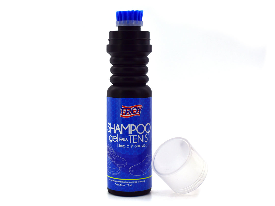 Botella azul de Shampoo para Tenis Troy en Gel con tapa blanca.