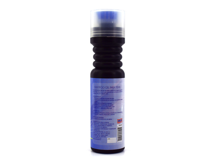 Botella azul de Shampoo para Tenis Troy en Gel con tapa blanca.