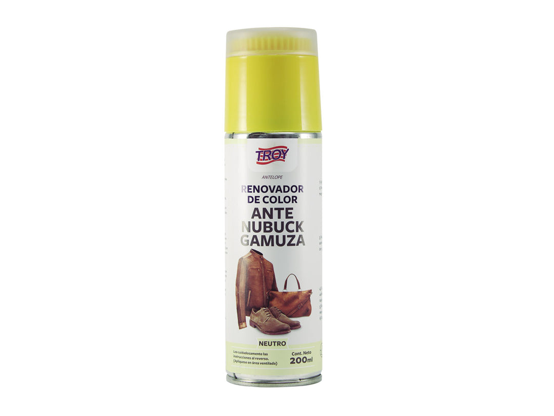 Envase de spray Renovador de Color Troy para Ante, Nubuck y Gamuza en color neutro con tapa amarilla.