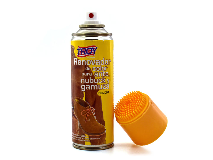 Envase de spray Renovador de Color Troy para Ante, Nubuck y Gamuza en color neutro con tapa amarilla.