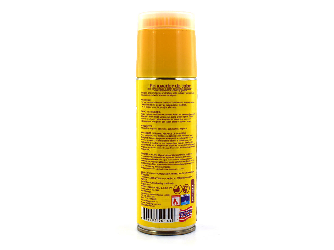 Envase de spray Renovador de Color Troy para Ante, Nubuck y Gamuza en color neutro con tapa amarilla.
