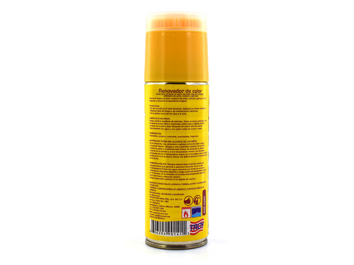 Envase de spray Renovador de Color Troy para Ante, Nubuck y Gamuza en color neutro con tapa amarilla.