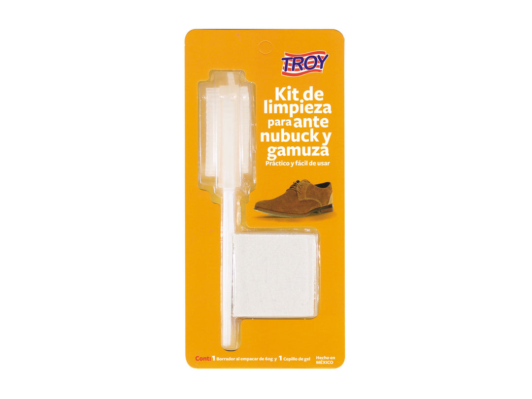 Kit de limpieza TROY para calzado de ante y gamuza, incluye cepillo y borrador blancos en empaque amarillo.