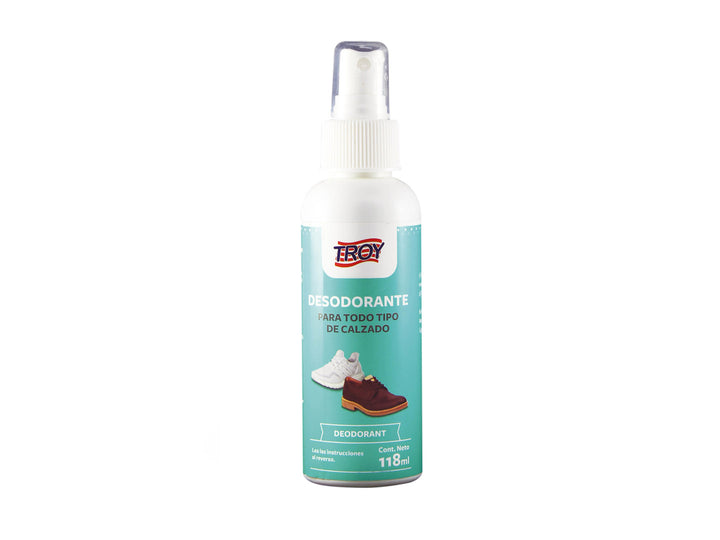 Botella de spray de desodorante TROY para calzado, color blanco con etiqueta azul claro.