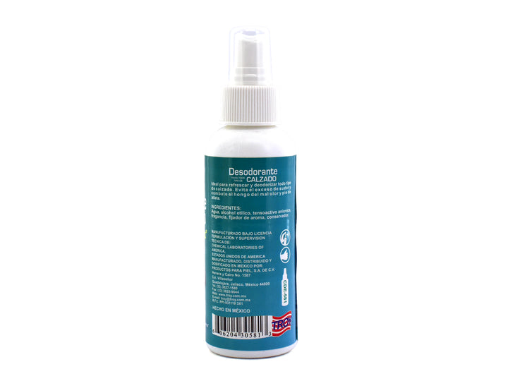 Botella de spray de desodorante TROY para calzado, color blanco con etiqueta azul claro.