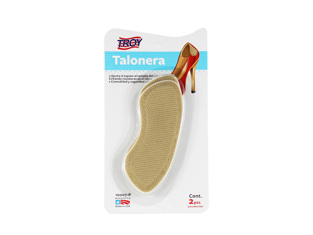 Par de taloneras de gel color beige marca Troy en empaque plástico.