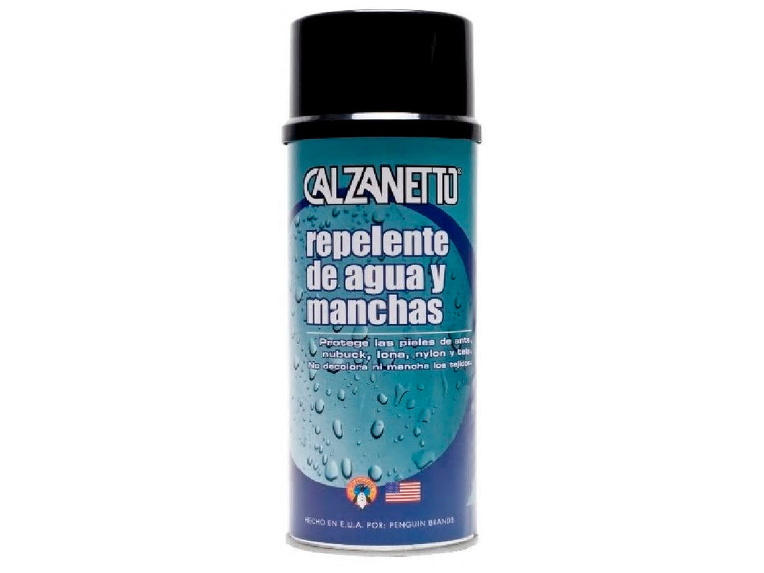 Envase de spray repelente de agua y manchas Calzanetto en color azul con tapa negra.