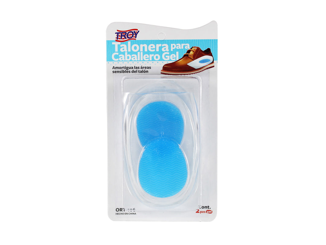 Par de taloneras de gel color azul marca Troy en empaque plástico transparente.