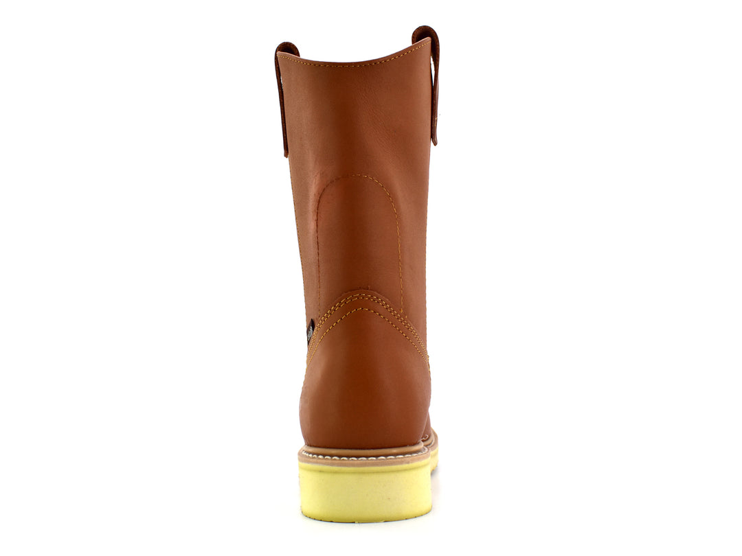 Bota de cuero color miel con suela amarilla gruesa, estilo western para hombre.