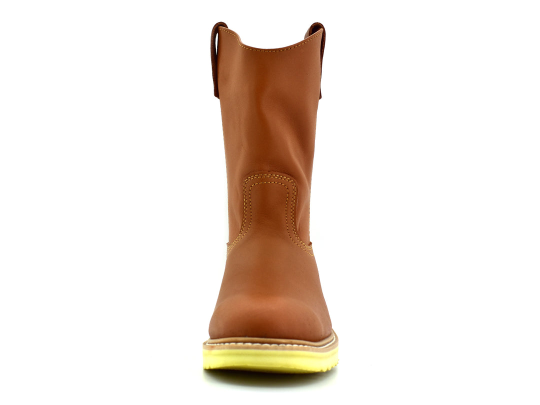 Bota de cuero color miel con suela amarilla gruesa, estilo western para hombre.