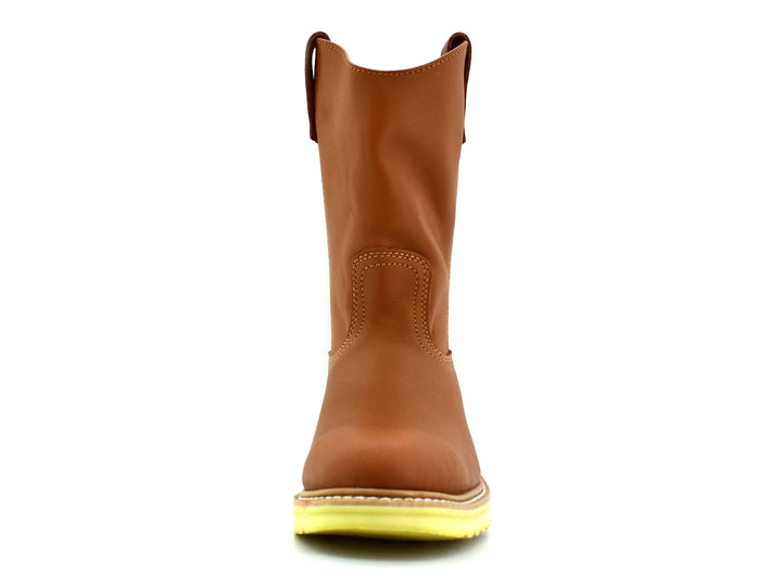 Bota de cuero color miel con suela amarilla gruesa, estilo western para hombre.