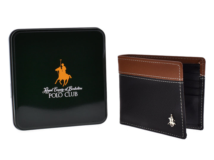 Cartera negra con franja marrón superior y caja negra con logo dorado de Polo Club.