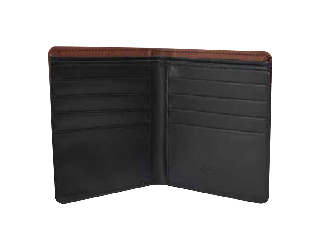 Cartera negra con franja marrón superior y caja negra con logo dorado de Polo Club.
