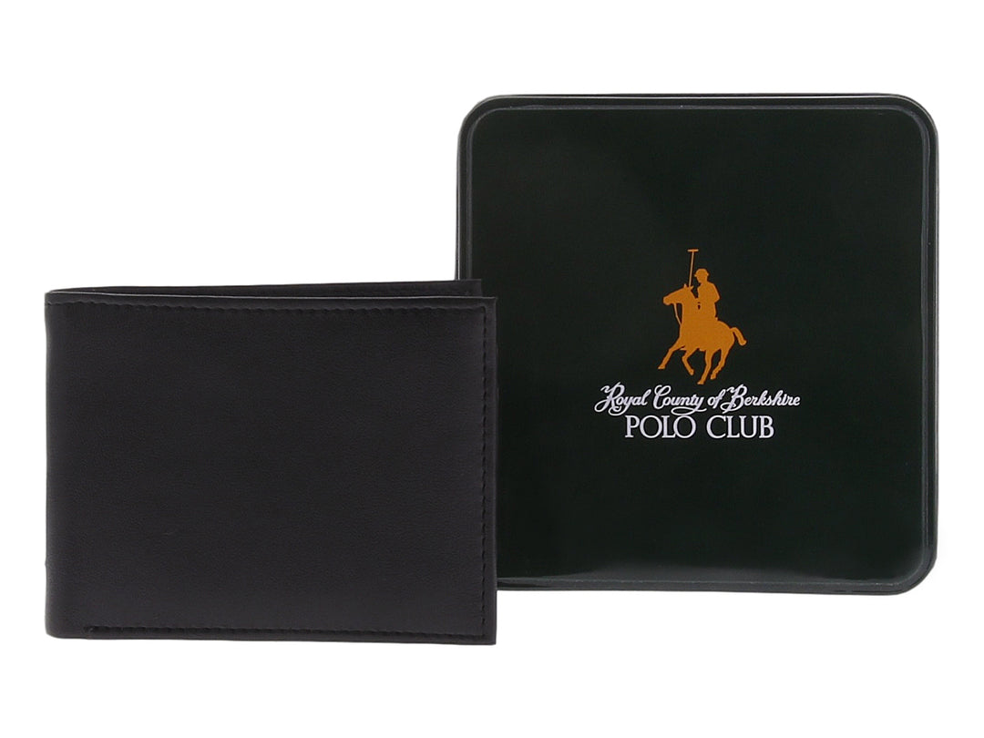 Cartera negra plegable acompañada de su caja de empaque negra con logotipo dorado.