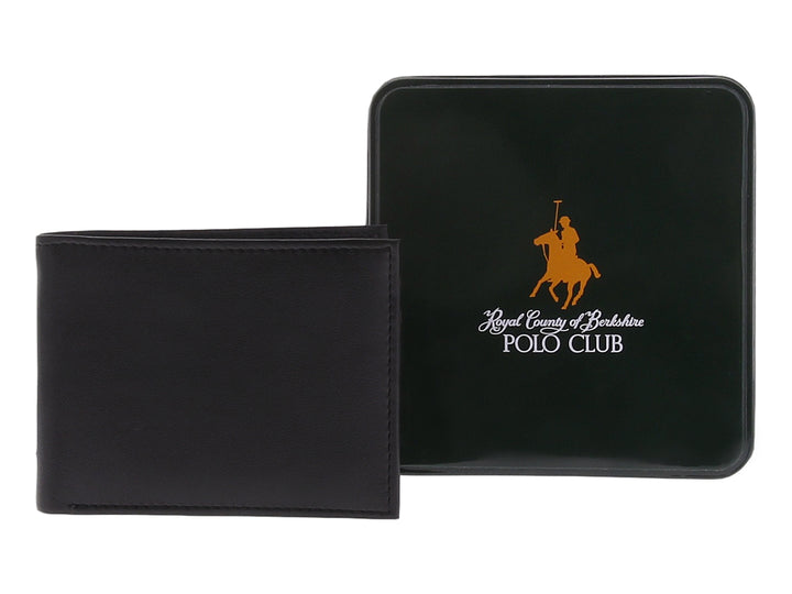 Cartera negra plegable acompañada de su caja de empaque negra con logotipo dorado.