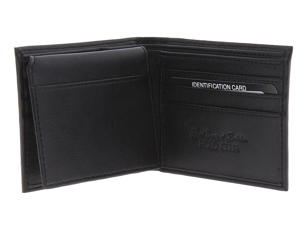 Cartera negra plegable acompañada de su caja de empaque negra con logotipo dorado.