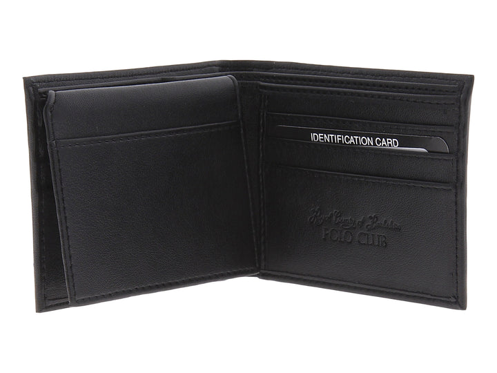Cartera negra plegable acompañada de su caja de empaque negra con logotipo dorado.