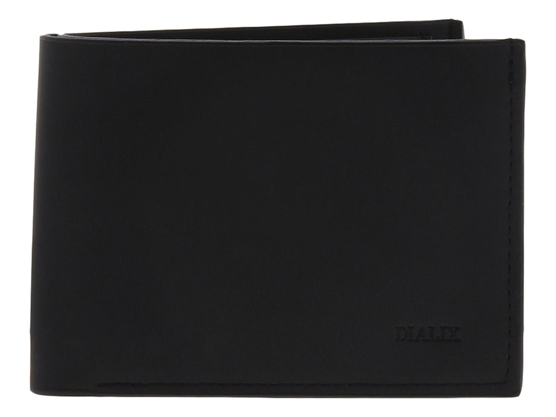 Cartera negra plegable acompañada de su caja de empaque negra con logotipo dorado.