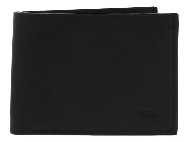 Cartera negra plegable acompañada de su caja de empaque negra con logotipo dorado.