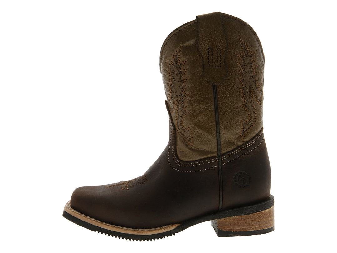 Botas vaqueras para niño en cuero color marrón oscuro y beige.