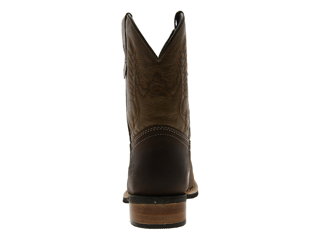 Botas vaqueras para niño en cuero color marrón oscuro y beige.