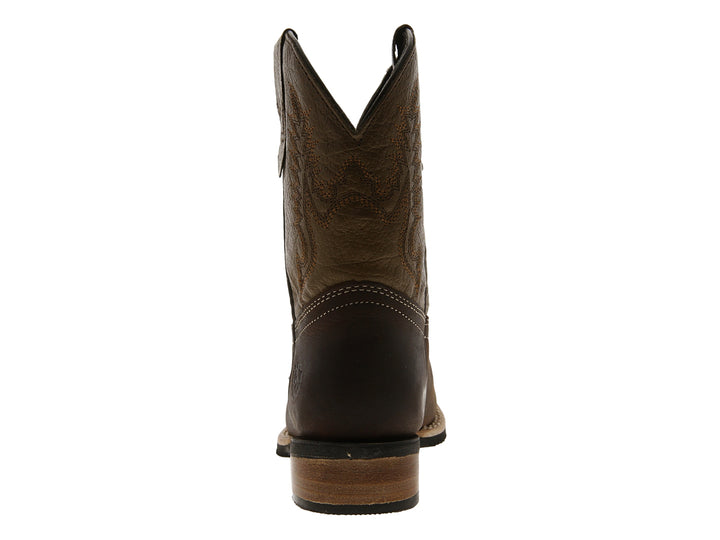 Botas vaqueras para niño en cuero color marrón oscuro y beige.