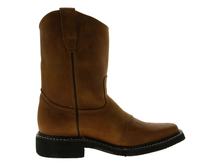 Bota de cuero color café estilo vaquero para hombre con suela negra y costuras blancas.