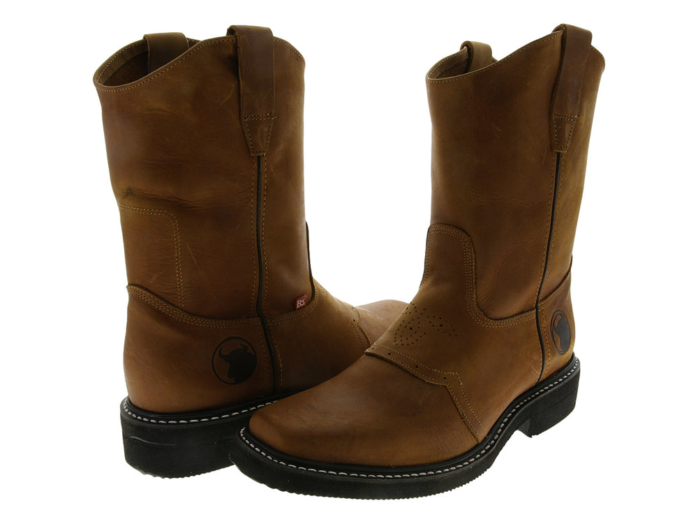 Bota de cuero color café estilo vaquero para hombre con suela negra y costuras blancas.