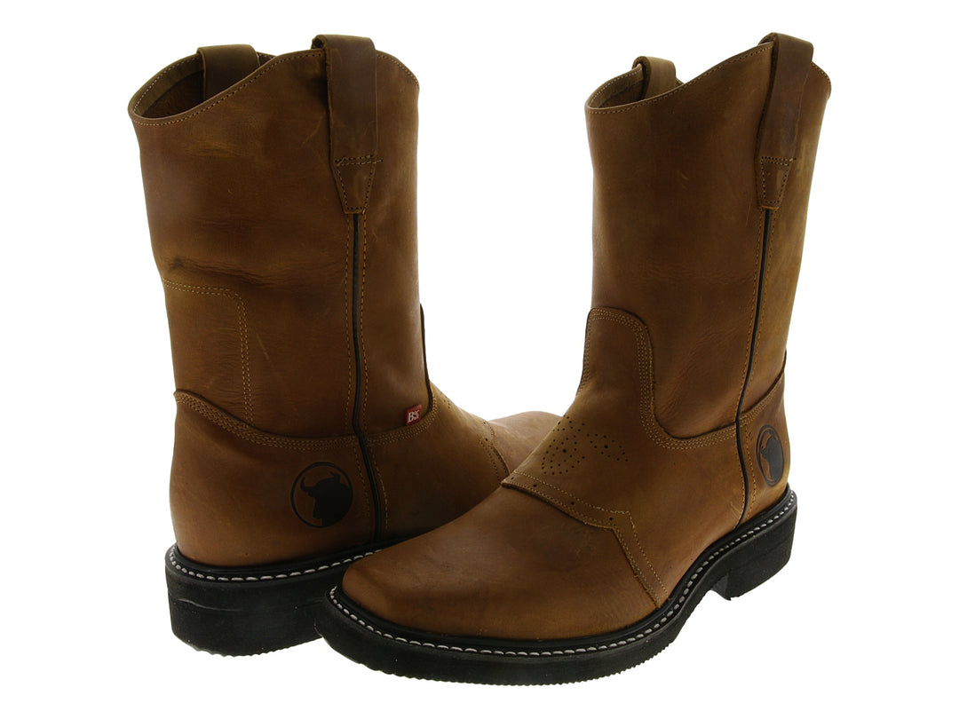 Bota de cuero color café estilo vaquero para hombre con suela negra y costuras blancas.