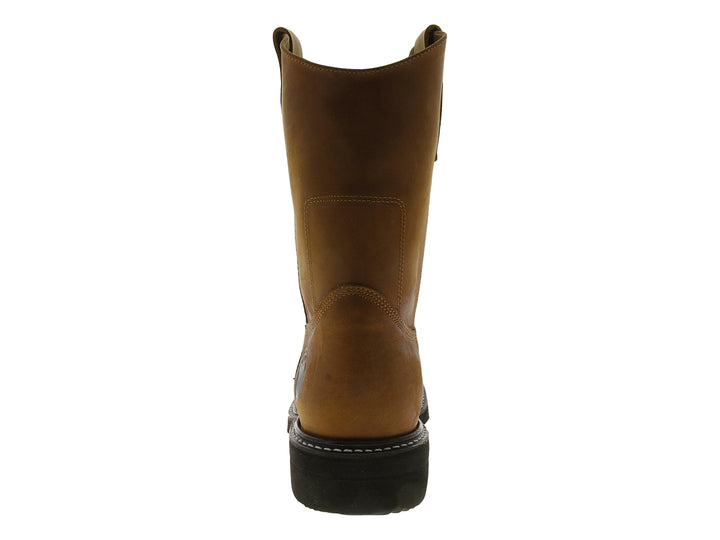 Bota de cuero color café estilo vaquero para hombre con suela negra y costuras blancas.