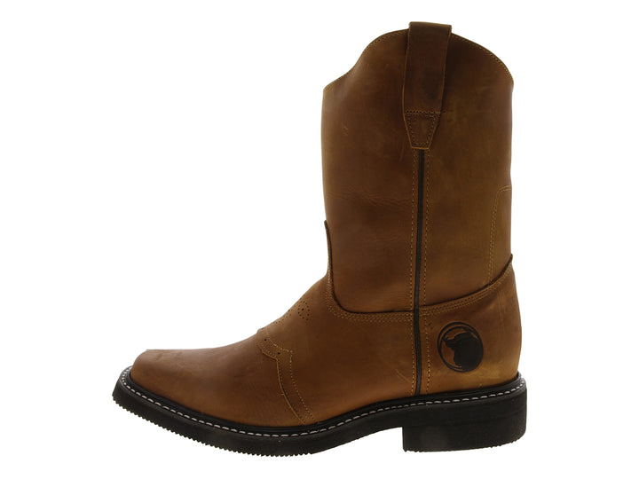 Bota de cuero color café estilo vaquero para hombre con suela negra y costuras blancas.