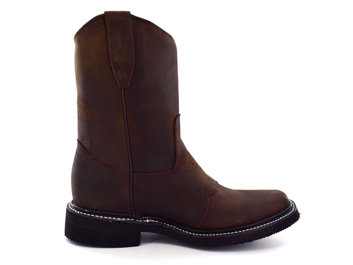 Bota de cuero color café oscuro estilo vaquero con suela negra y costuras blancas contrastantes.