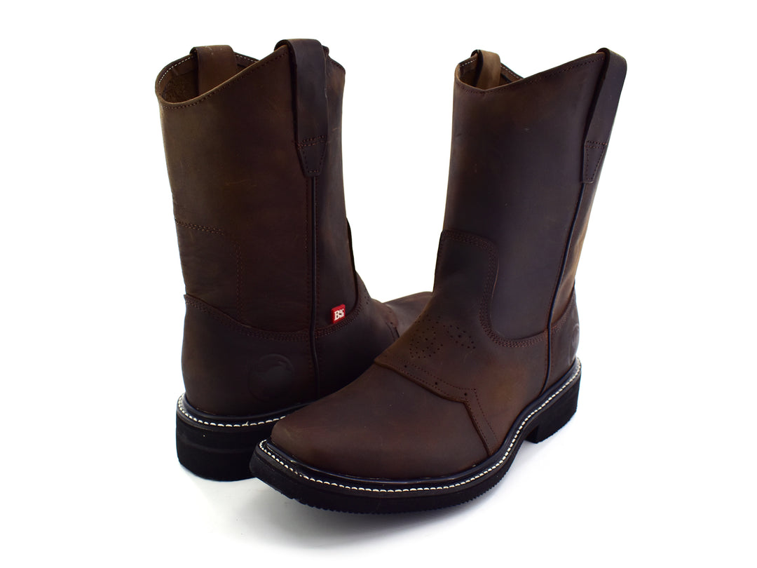 Bota de cuero color café oscuro estilo vaquero con suela negra y costuras blancas contrastantes.