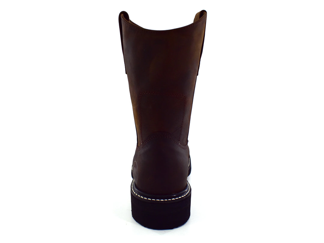 Bota de cuero color café oscuro estilo vaquero con suela negra y costuras blancas contrastantes.