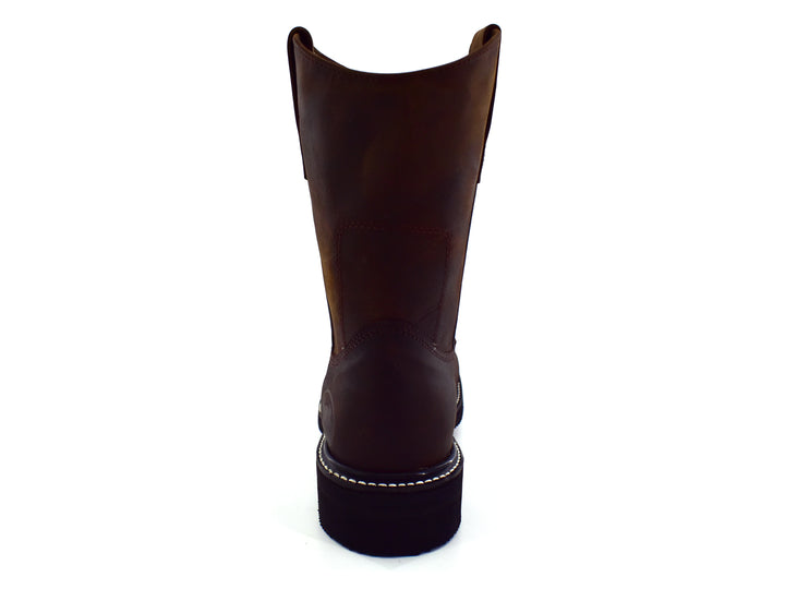 Bota de cuero color café oscuro estilo vaquero con suela negra y costuras blancas contrastantes.