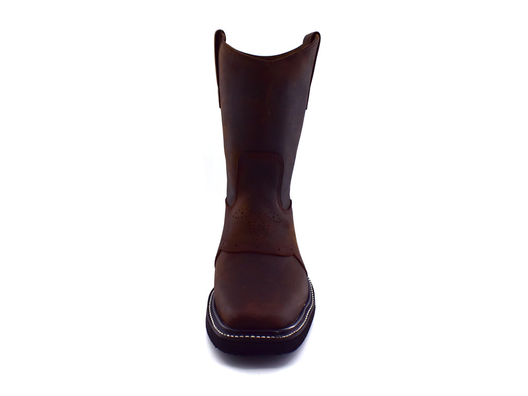 Bota de cuero color café oscuro estilo vaquero con suela negra y costuras blancas contrastantes.