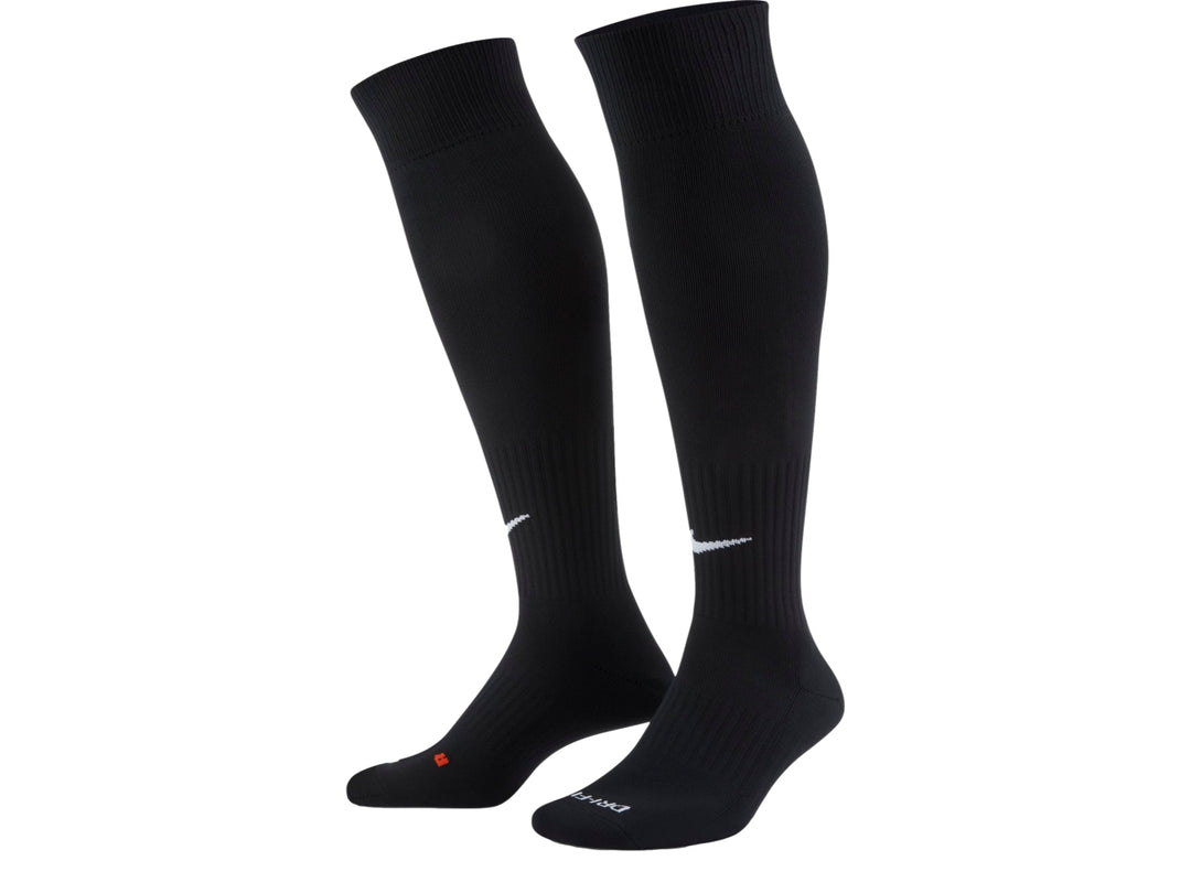 Par de calcetines deportivos largos Nike en color negro con logotipo blanco en la parte frontal.