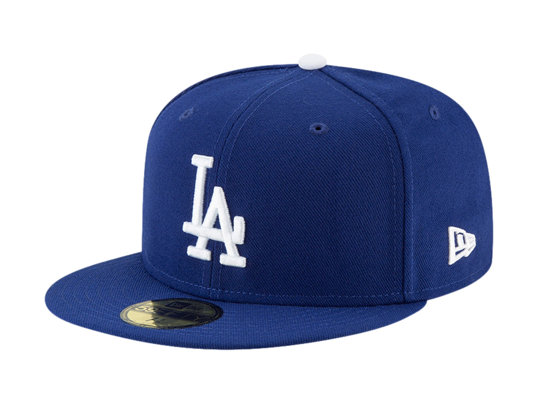 Gorra New Era azul oscuro con logotipo LA de los Dodgers en blanco y visera plana.