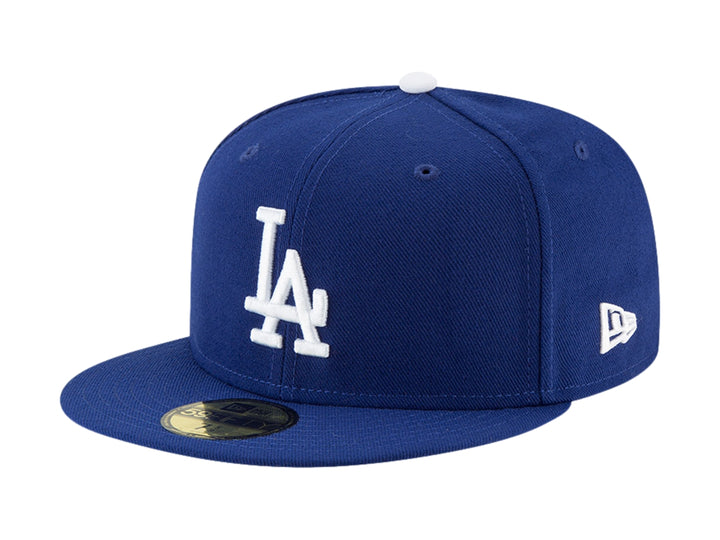 Gorra New Era azul oscuro con logotipo LA de los Dodgers en blanco y visera plana.