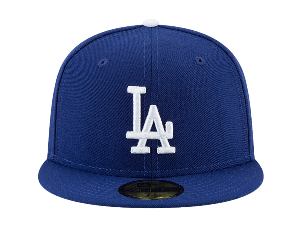 Gorra New Era azul oscuro con logotipo LA de los Dodgers en blanco y visera plana.