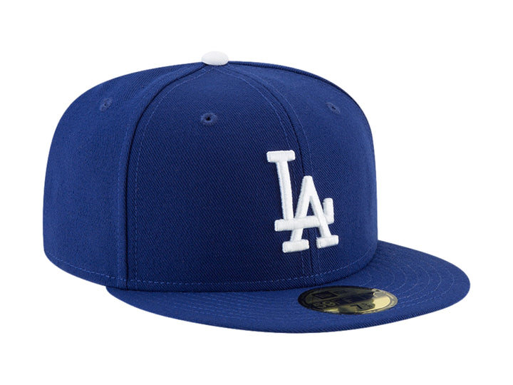 Gorra New Era azul oscuro con logotipo LA de los Dodgers en blanco y visera plana.