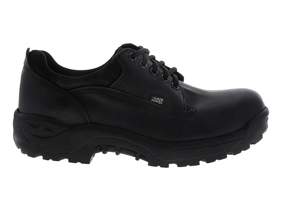Zapato de trabajo negro de la marca Work Power con cordones y suela resistente.