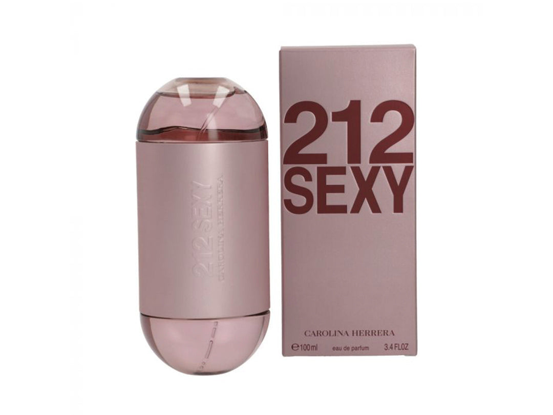 Perfume Carolina Herrera 212 Sexy en botella cilíndrica rosa y su caja rectangular a juego.