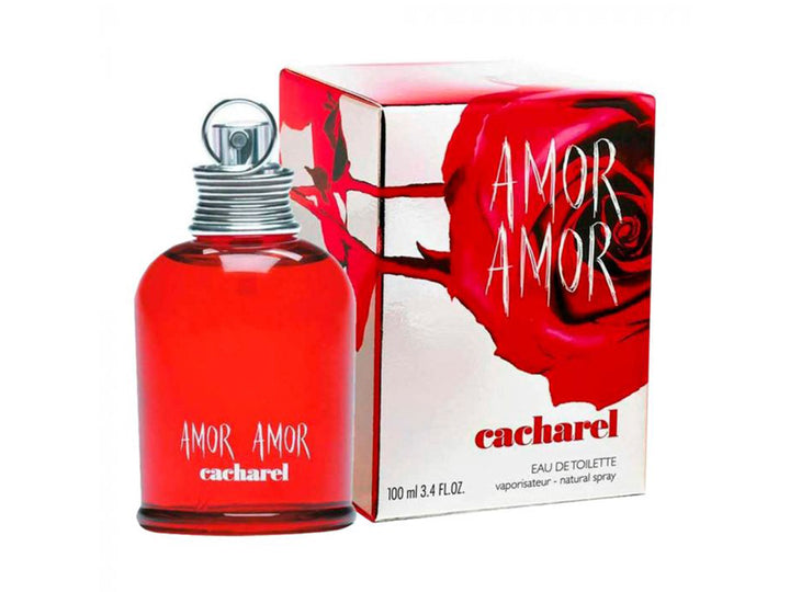 Perfume Cacharel Amor Amor para mujer, botella roja con tapa plateada y caja blanca con diseño de rosa roja.