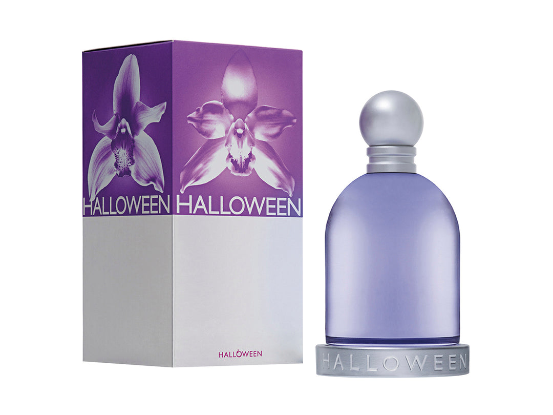 Perfume J. del Pozo Halloween para mujer en botella morada mate con su caja a juego.