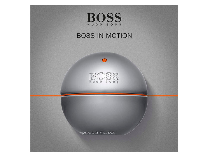 Frasco de perfume Hugo Boss In Motion esférico de color gris metálico con un detalle naranja.