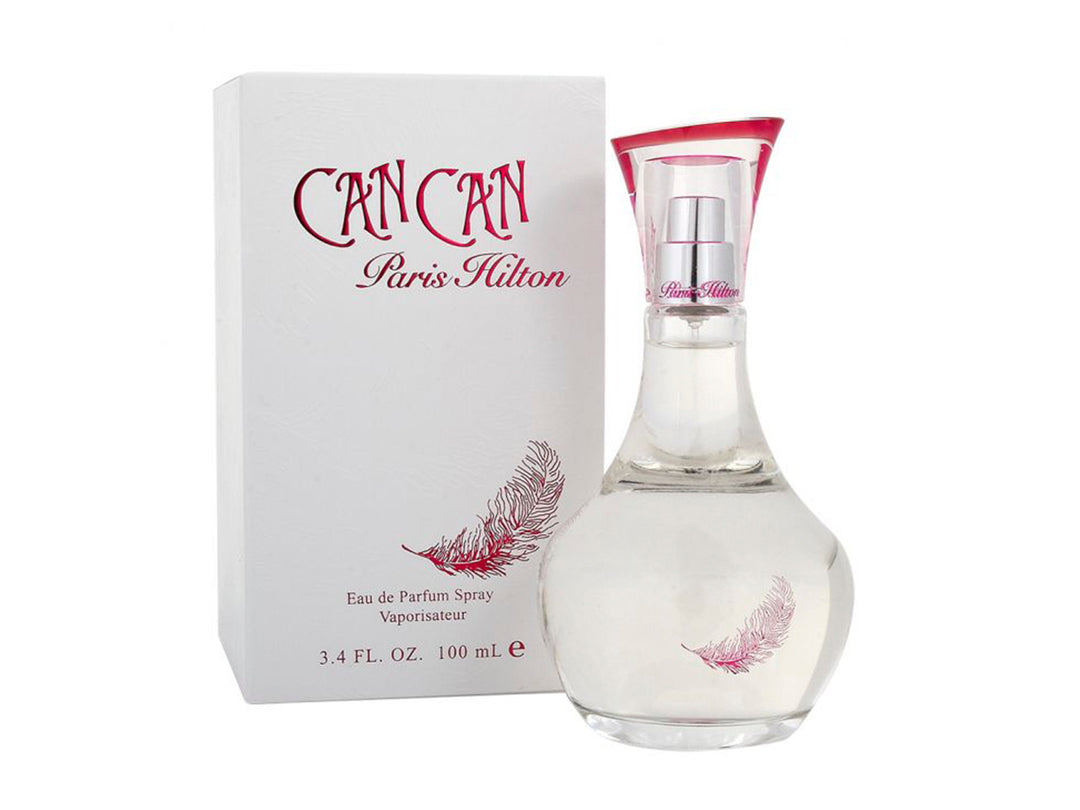 Perfume Paris Hilton Can Can para mujer, incluye botella de vidrio transparente y caja blanca con detalles en rosa.